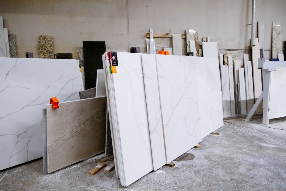 Stone slabs in a warehouse